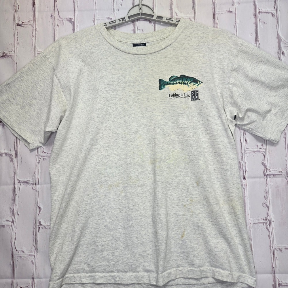 Vintage 90s Big Ball Sports T-Shirt Gray Fishing Is Life Bass Made USA Mens XL
